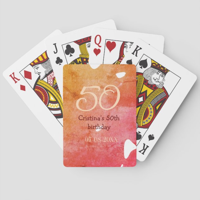 Orange red 50 birthday anniversary add name date p playing cards (Back)