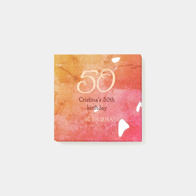Orange red 50 birthday anniversary add name date p post-it notes (Front)