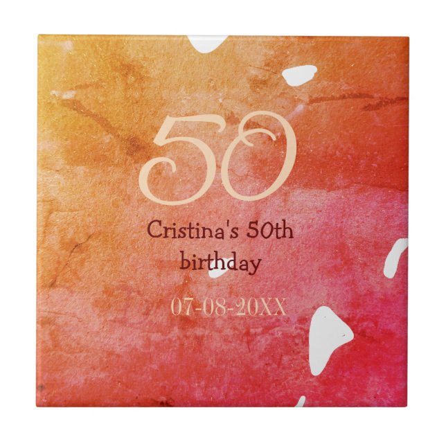 Orange red 50 birthday anniversary add name date p tile (Front)