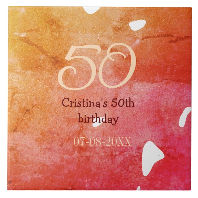 Orange red 50 birthday anniversary add name date p tile (Front)