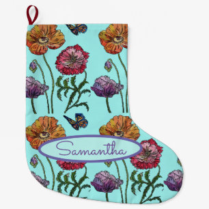Orange Red Aquamarine Poppy Poppies Floral Flower Large Christmas Stocking