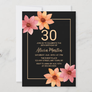 Orange Red Autumn Flora Any Age Black Birthday Invitation