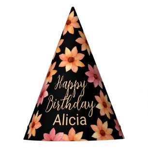 Orange Red Autumn Flower Black Birthday Party Hat