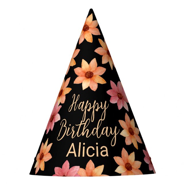 Orange Red Autumn Flower Black Birthday Party Hat (Front)