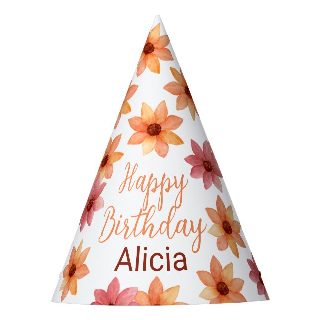 Orange Red Autumn Flower White Birthday Party Hat (Front)
