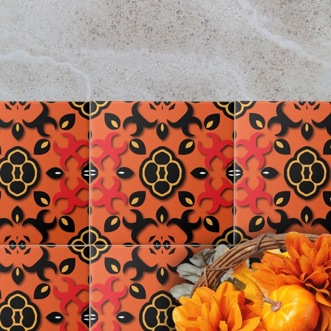 Orange Red Black Ethnic Arabesque Boho Chic Tile (Creator Uploaded)