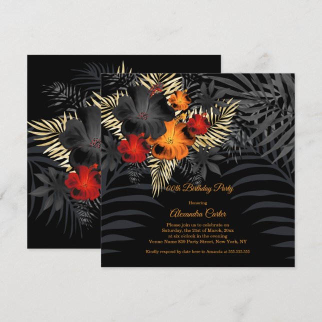 Orange Red Black Hibiscus Floral Birthday Invitation (Front/Back)