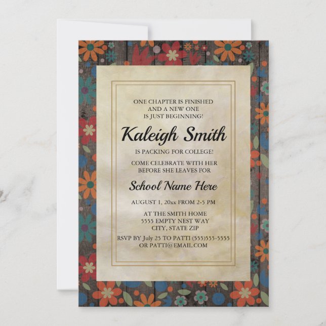 Orange Red Blue Flowers on Rustic Wood Trunk Party Invitation (Front)