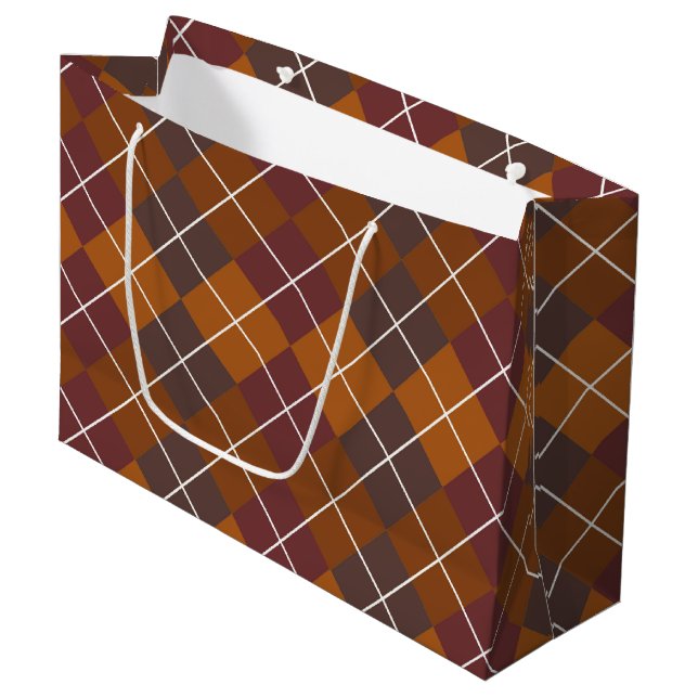 ORANGE RED BROWN AUTUMN PLAID PATTERN LARGE GIFT BAG (Front Angled)