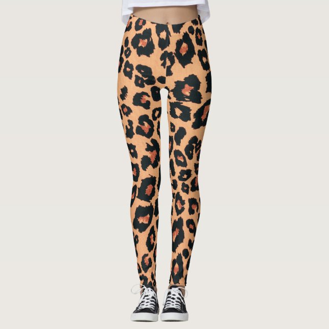 Orange Red Brown Black Leopard Animal Print Leggings (Front)