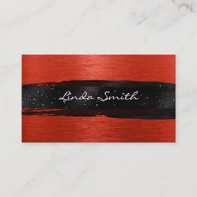 Orange Red Brushed Metal Black Brush Strokes Business Card (Front)