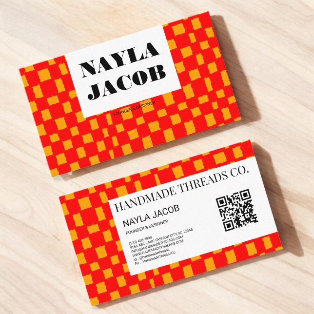 Orange Red Chequerboard Pattern QR Code Handmade Business Card (Creator Uploaded)