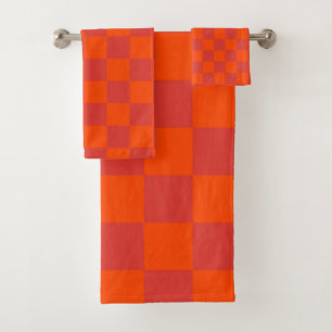 Orange Red Chequered Gingham Pattern Bath Towel Set