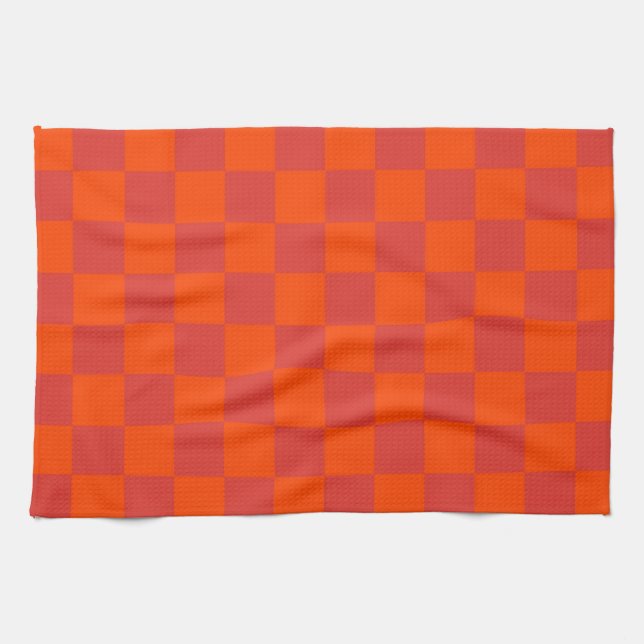 Orange Red Chequered Gingham Pattern Tea Towel (Horizontal)