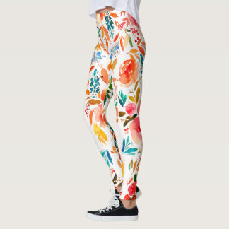 Orange red colorful rose floral summer leggings