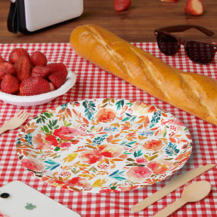 Orange red colorful rose floral summer paper plate