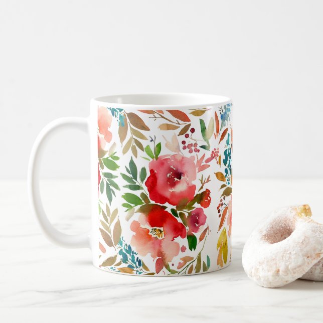 Orange red colourful rose floral summer  coffee mug (With Donut)