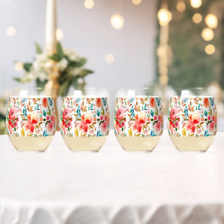 Orange red colourful rose floral summer stemless wine glass