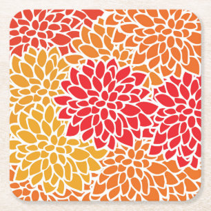 Orange Red Colourful Vintage 60s Flower Square Paper Coaster
