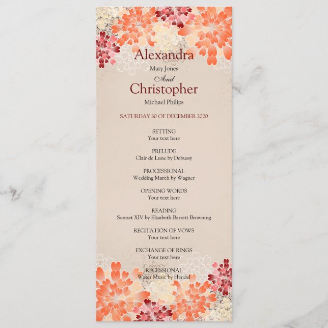 Orange Red & Cream Flowers Retro Wedding Program Programme (Front)