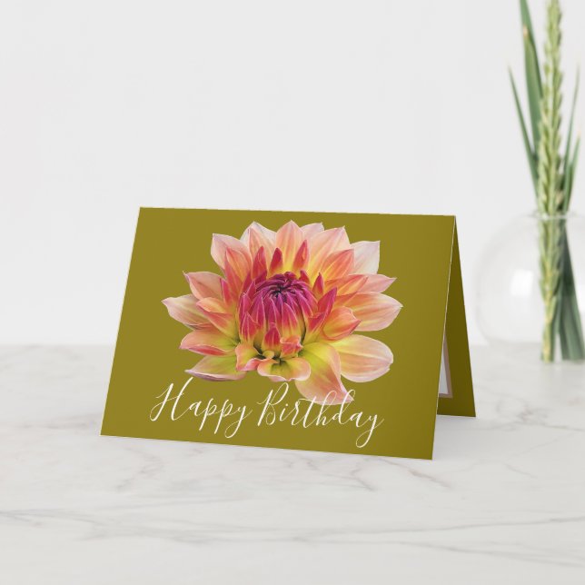 Orange Red Dahlia Flower Green Background Birthday Card (Front)