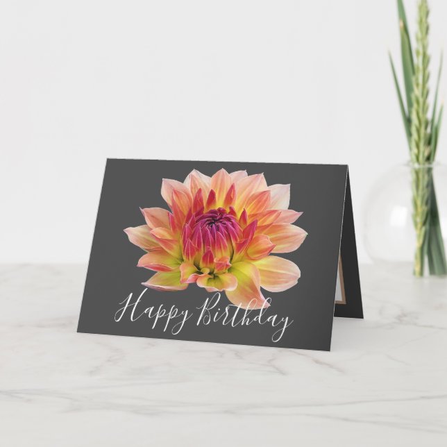 Orange Red Dahlia Flower Grey Background Birthday Card (Front)