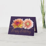 Orange Red Dahlias Pretty Floral Bouquet Birthday Card<br><div class="desc">Two stunning orange and red dahlias form a beautiful floral bouquet against a plum purple colour background. The birthday greeting text uses an attractive script typography font. The flowers cover the front of this card which can be used as a thank you card, a birthday card, or any other card...</div>