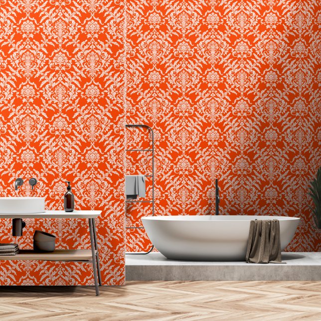 Orange Red Damask Colour Peel and Stick Removable Wallpaper (Bathroom)