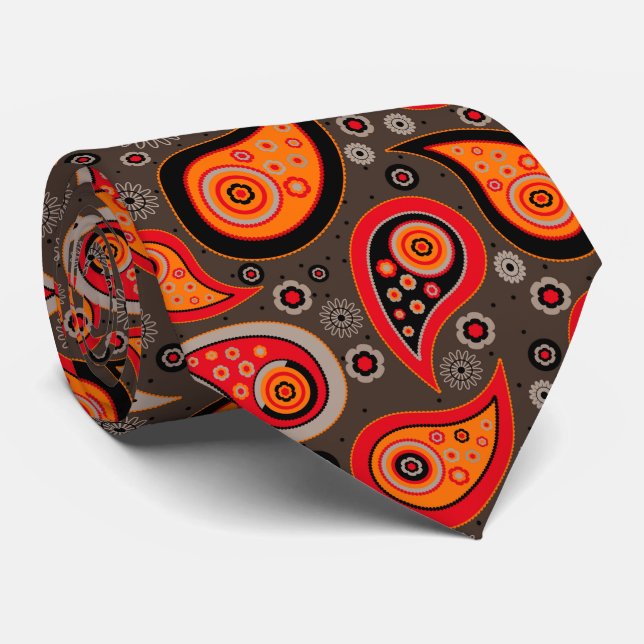 Orange red elegant vintage paisley pattern tie (Rolled)