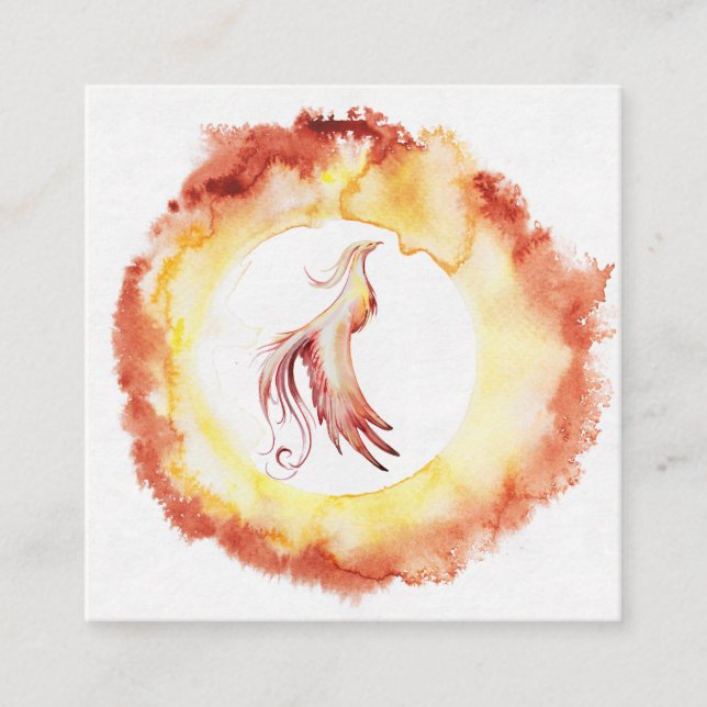 *~* Orange Red Flame Phoenix Rings of Fire White Square Business Card (Front)