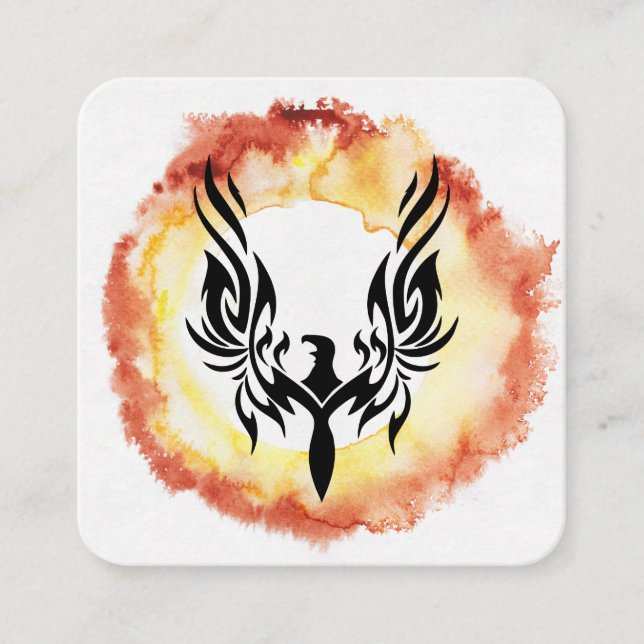 *~* Orange Red Flames Black Phoenix Ring of Fire Square Business Card (Front)