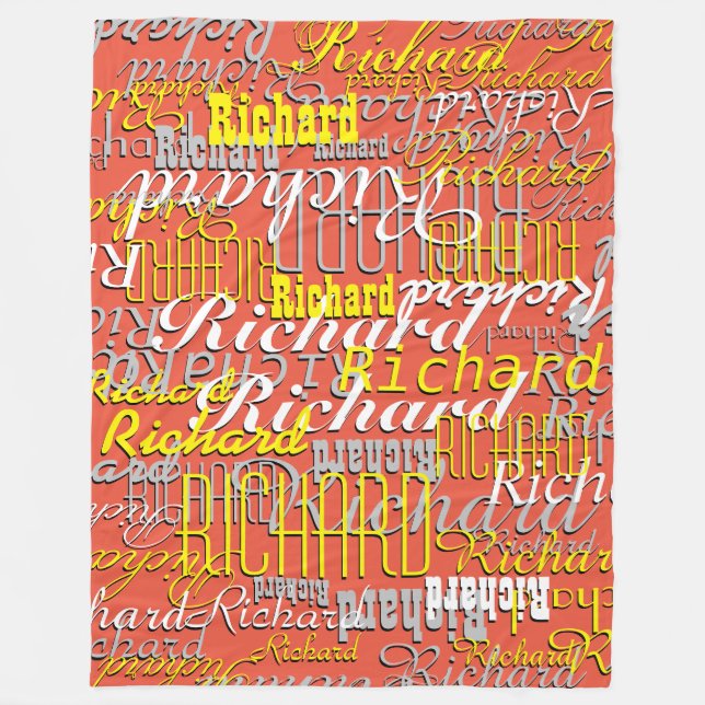 Orange-Red Fleece Blanket with a pattern of name (Front)