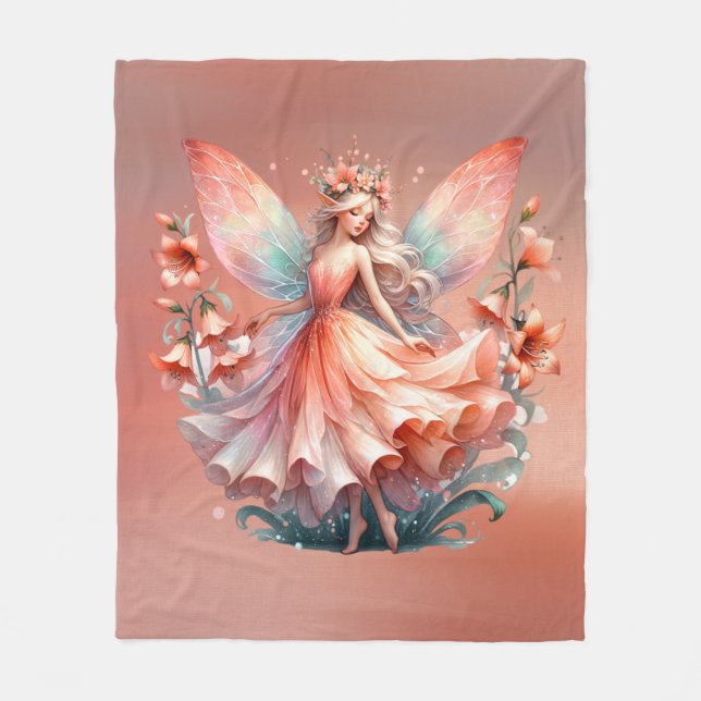 Orange Red Floral Fairy Princess Girls Fleece Blanket (Front)