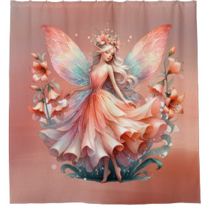 Orange Red Floral Fairy Princess Girls Shower Curtain