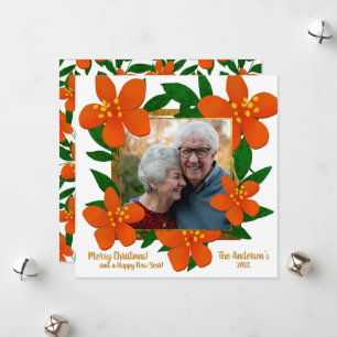 Orange Red Floral Gold Frame Photo Christmas  Holiday Card