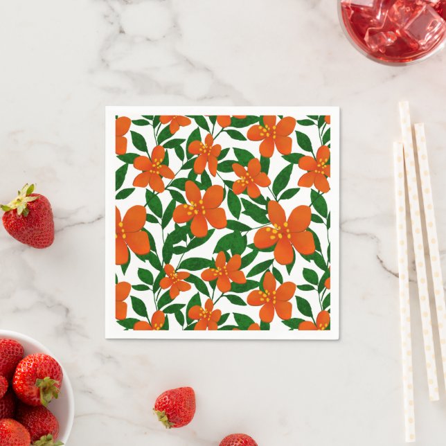 Orange Red Floral Green Botanicals Pattern Napkin (Insitu)