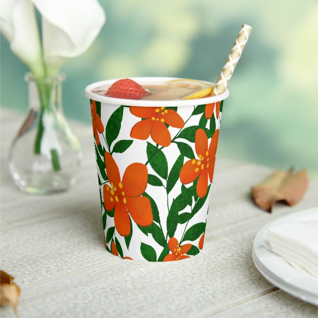 Orange Red Floral Green Botanicals Pattern Paper Cups (Insitu)