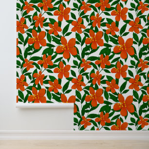 Orange Red Floral Green Botanicals Pattern Wallpaper