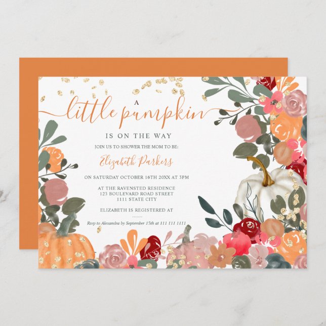 Orange red floral pumpkin fall baby shower invitation (Front/Back)