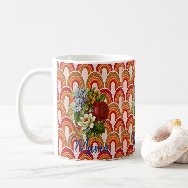 Orange Red Floral Stripe Mug (With Donut)