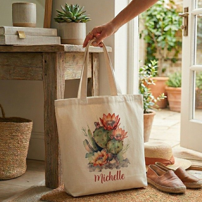 Orange/Red Flowering Cactus With Name Tote Bag (Creator Uploaded)