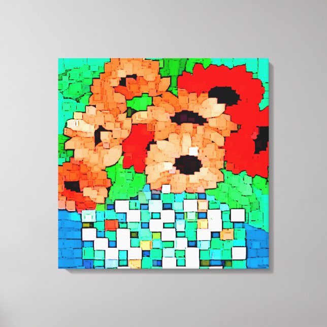 Orange Red Flowers Pixel Art Wrapped Canvas (Front)