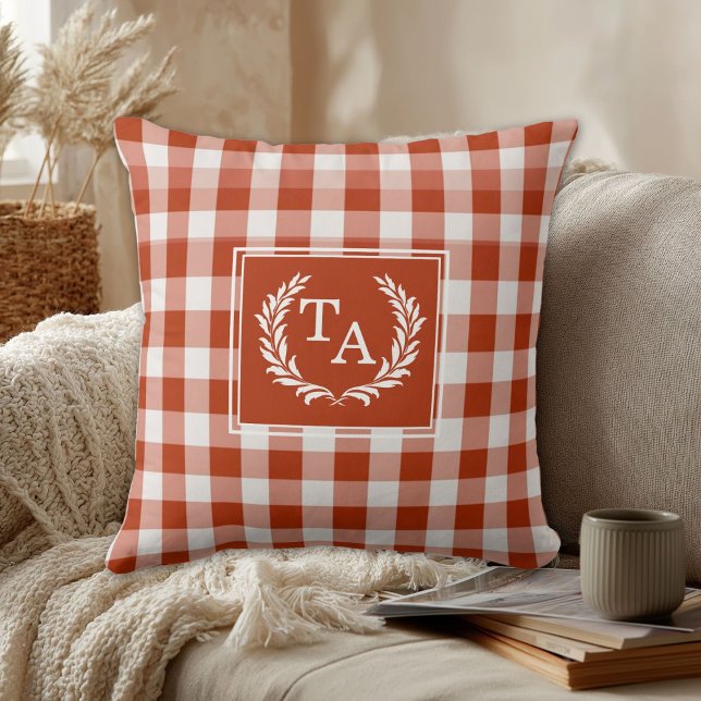 Orange-Red Gingham Monogram Crest Cushion (Orange-Red Gingham Monogram Crest Throw Pillow)