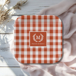 Orange-Red Gingham Monogram Crest Custom Paper Plate
