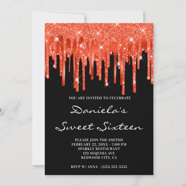 Orange Red Glitter Foil Drip Black Sweet Sixteen Invitation (Front)