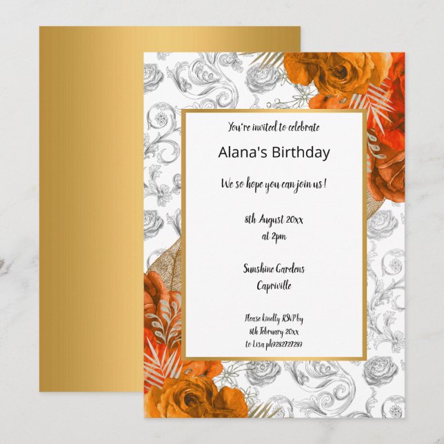 Orange Red Gold Floral Elegant birthday Invitation (Front/Back)