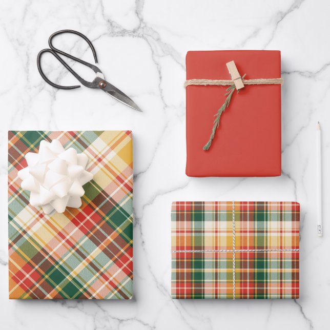 Orange, Red, Green & Yellow Plaid Wrapping Paper Sheet (Front)