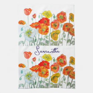 Orange Red Iceland Poppy Flower Watercolor Art Tea Towel