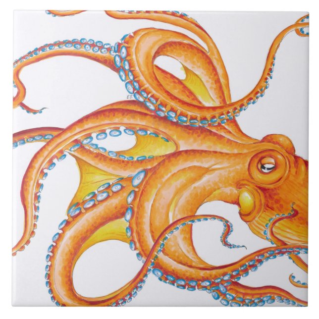 Orange Red Kraken Octopus Ink Art Dance Tile (Front)