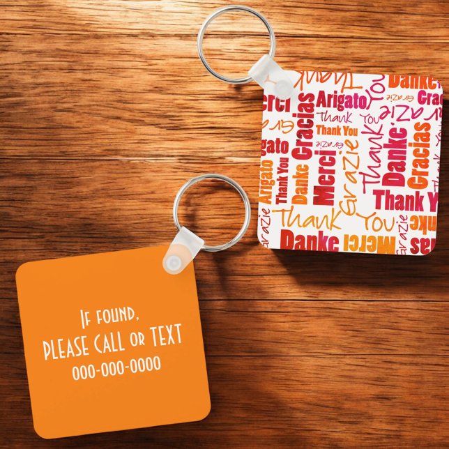Orange Red Multilingual "Thank You" Typography Key Key Ring (gratitude word cloud key ring front and back with template text)